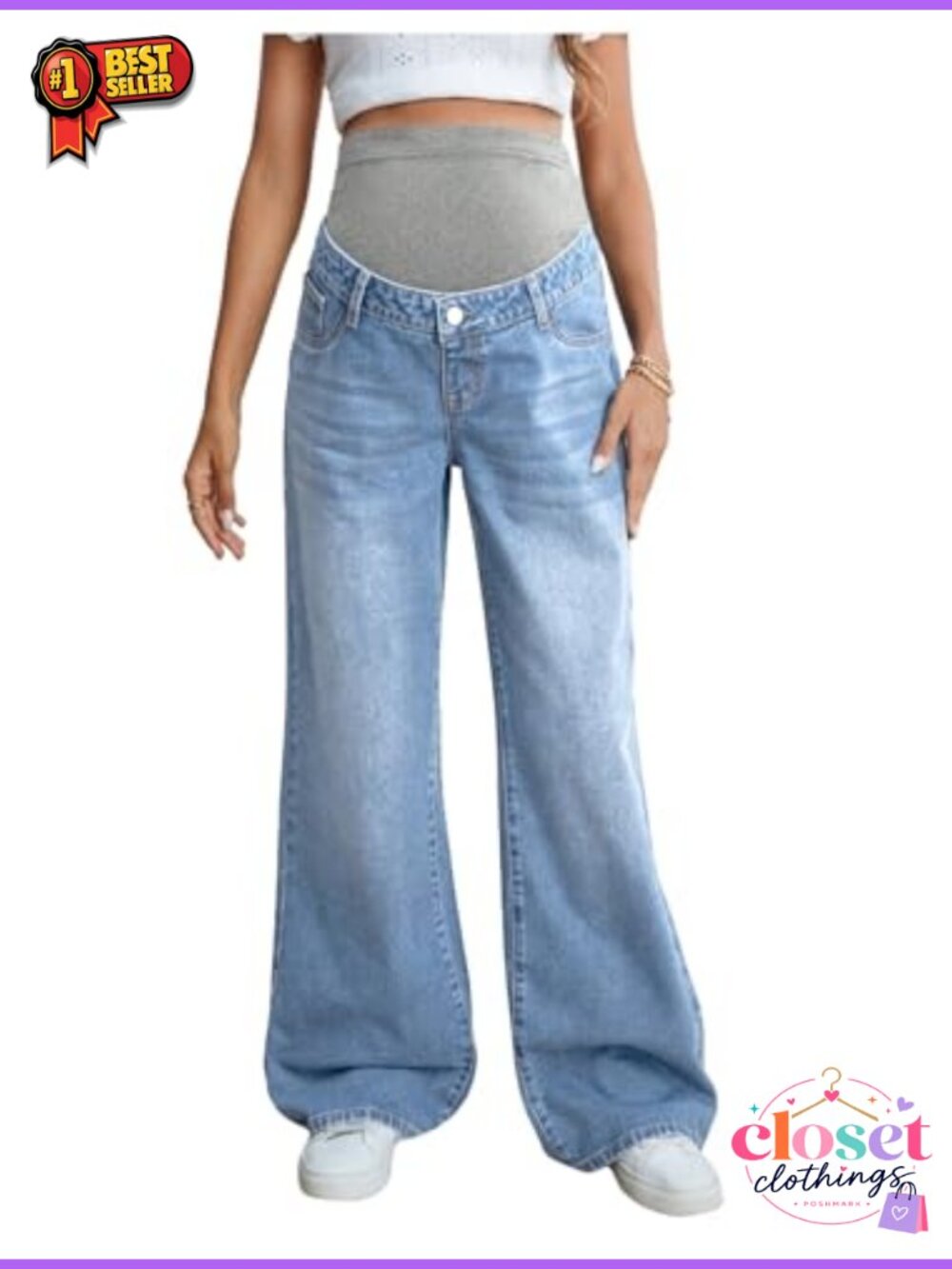High Waisted Straight Leg Maternity Jeans Over Belly Wide Leg Denim Pants